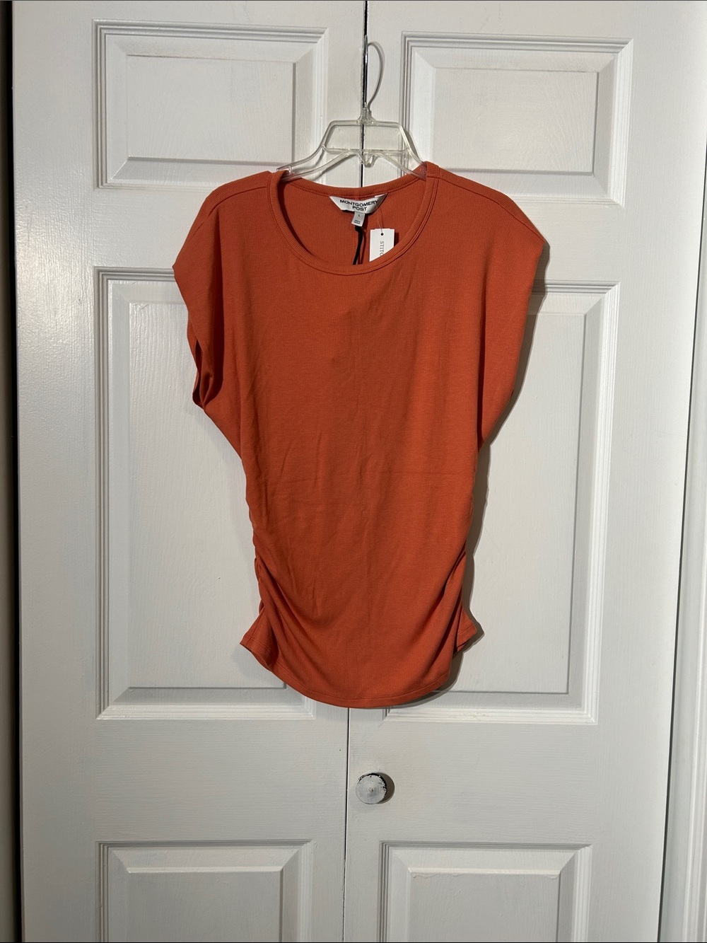 NWT Montgomery Post Round Neck Ruched Cooling Rib Knit Top Size L Large Orange